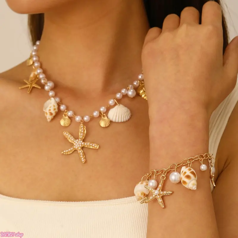 Boho Summer Beach Layered Necklace Bracelet Set | Viral 2026 Dainty Shell Starfish Conch Faux Pearl Pendant Jewelry, Ocean Aesthetic Collarbone Accessory for Vacation Coastal OOTD Women Holiday Gift
