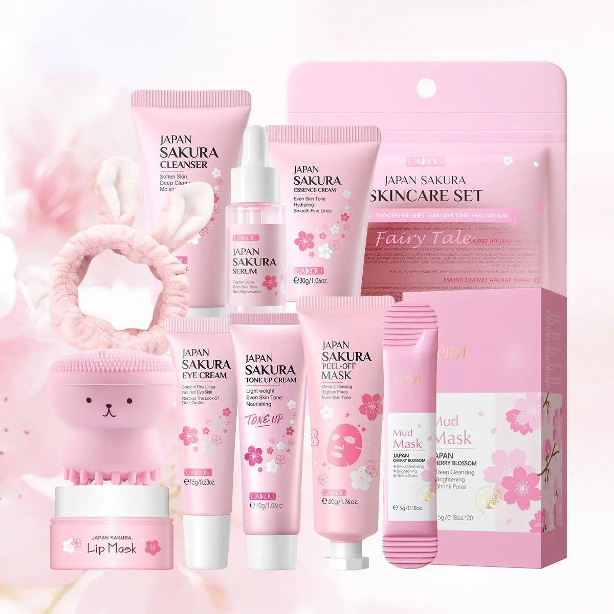 All‑In‑One LAIKOU Sakura Skincare Kit, Cherry Blossom Infused Facial Products, Cleanser, Serum, Eye Cream, Mud Mask, Lip Mask plus Facial Brush & Headband, Moisturize Repair Skin for Women