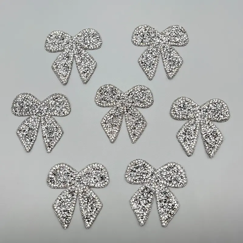 10PCS Bow Rhinestone Patches, Glitter Bowknot Applique, Silver Iron on Patches Glitter Silver Bow Shape Hot Glue Iron On Patches, Bow Iron On Patch for DIY Crafts, Clothes, Bags