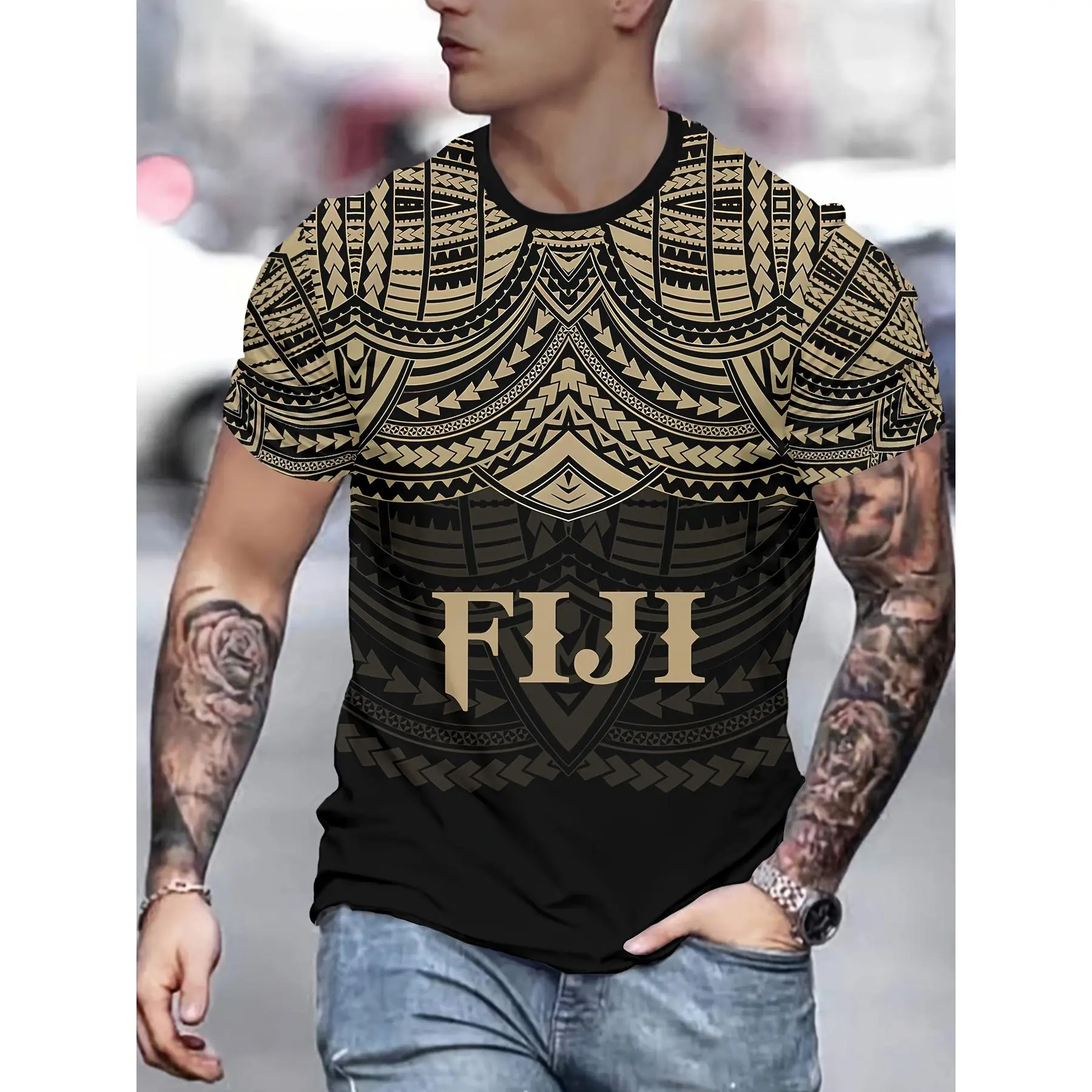 Fiji Island Pride: Premium Men's Tribal Print Tee - Cultural Gold Graphic Tee, 3D Print Fashion T-Shirt
