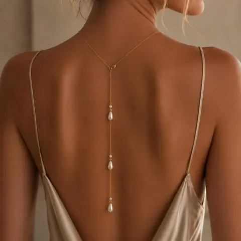 1PC Pearl-Look Back Drop Back Necklace for Women, Gold-Tone Dainty Long Body Chain Accessory, Elegant Backless Dress Jewelry for Wedding Bride, Prom Party and Anniversary