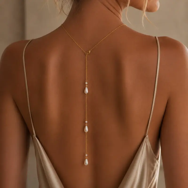 1PC Pearl-Look Back Drop Back Necklace for Women, Gold-Tone Dainty Long Body Chain Accessory, Elegant Backless Dress Jewelry for Wedding Bride, Prom Party and Anniversary
