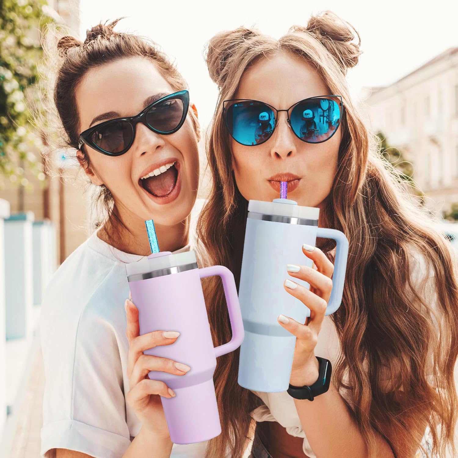 6 Pairs Replacement Straws and Straw Covers for Stanley Straw, Reusable Glitter Straws with Cleaning Brush for Stanley cup 40/30 OZ Tumbler (Sparkling)