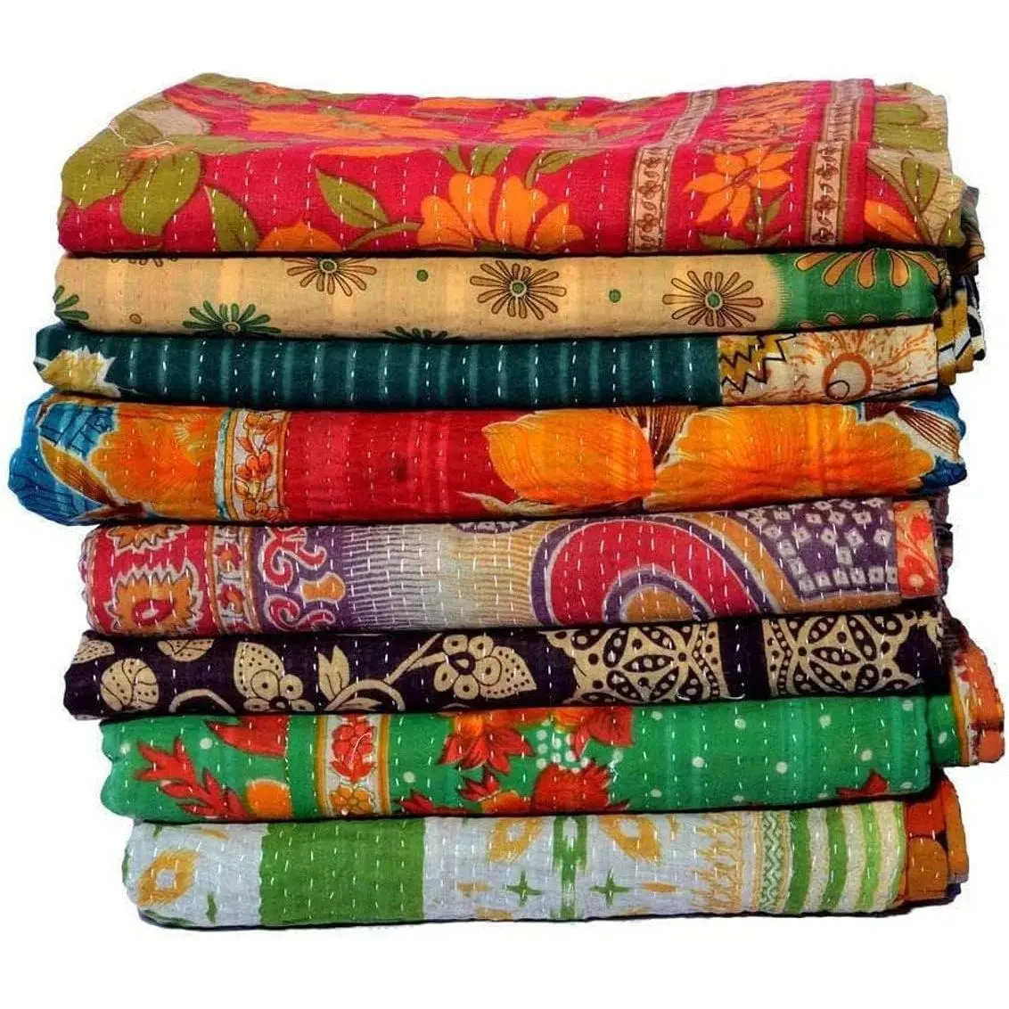 Indian Kantha Bedspread - 3-Piece Vintage Printed Reversible Traditional Blanket for Home Room Decor, 55x85 Inch, Blankets