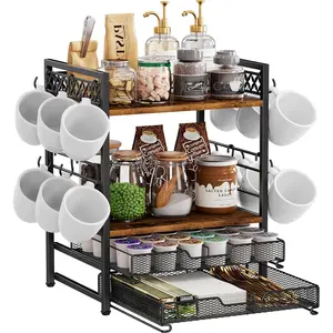 Coffee Bar Station Organizer, 4 Tier K Cup Organizer Mug Holder with 12 Hooks, Coffee Pod Holder, Multifunctional Countertop Organizer for Kitchen