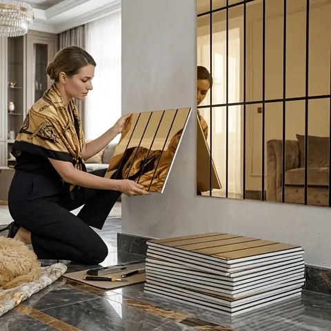 20pcs Mirror Grid Self-Adhesive Wallpaper, 3D Stripes, Thick Reflective Texture, Waterproof, Fireproof, Mould-Proof, Easy Install, Living Room Decor, Decoration