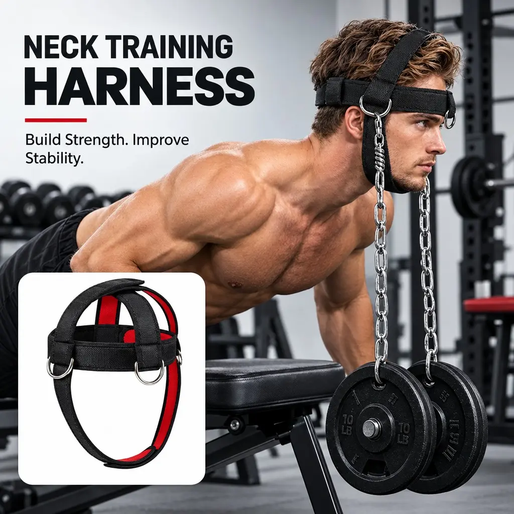 Adjustable Neck Training Harness with Padded Chin Strap, Metal D-Rings, Neck Strength Exerciser for Weightlifting, Wrestling, Boxing, Home Gym