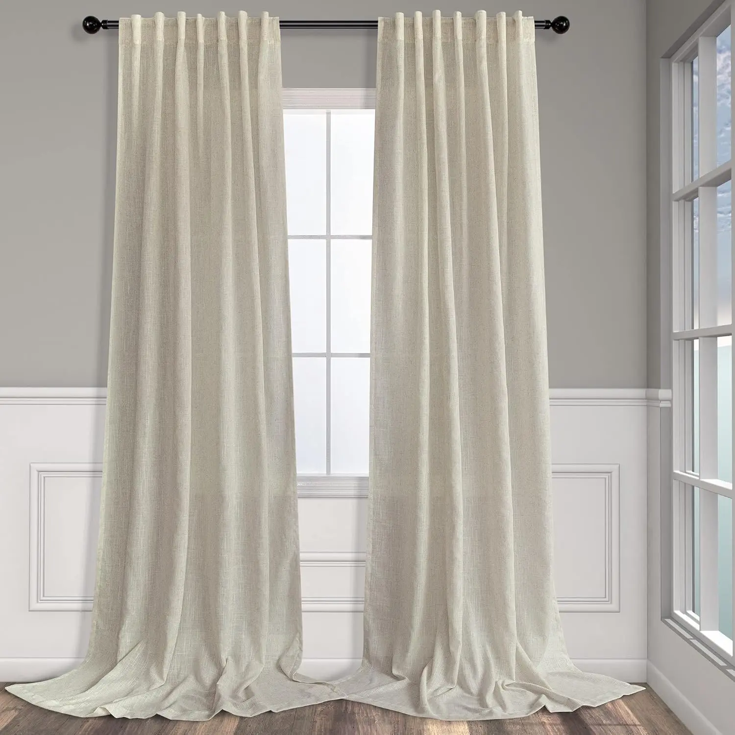 Beige Tan Flax Linen Semi Sheer Curtains (52"x84", 2 Panels) - Back Tabs Pocket, Light Filtering Burlap Canvas Look Drapes for Bedroom/Dining Home Decor, Two Panels