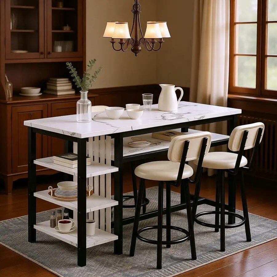 3 Pieces Dining Room Table Set With 2 Upholstered Bar Stools, Modern Farmhouse Style Kitchen Table Set With Multiple Tier Storage Shelves, MDF Table Top And Metal Frame, Counter Height Breakfast Nook Table Set For Small Spaces Family,desk,s,lachic,,cable,