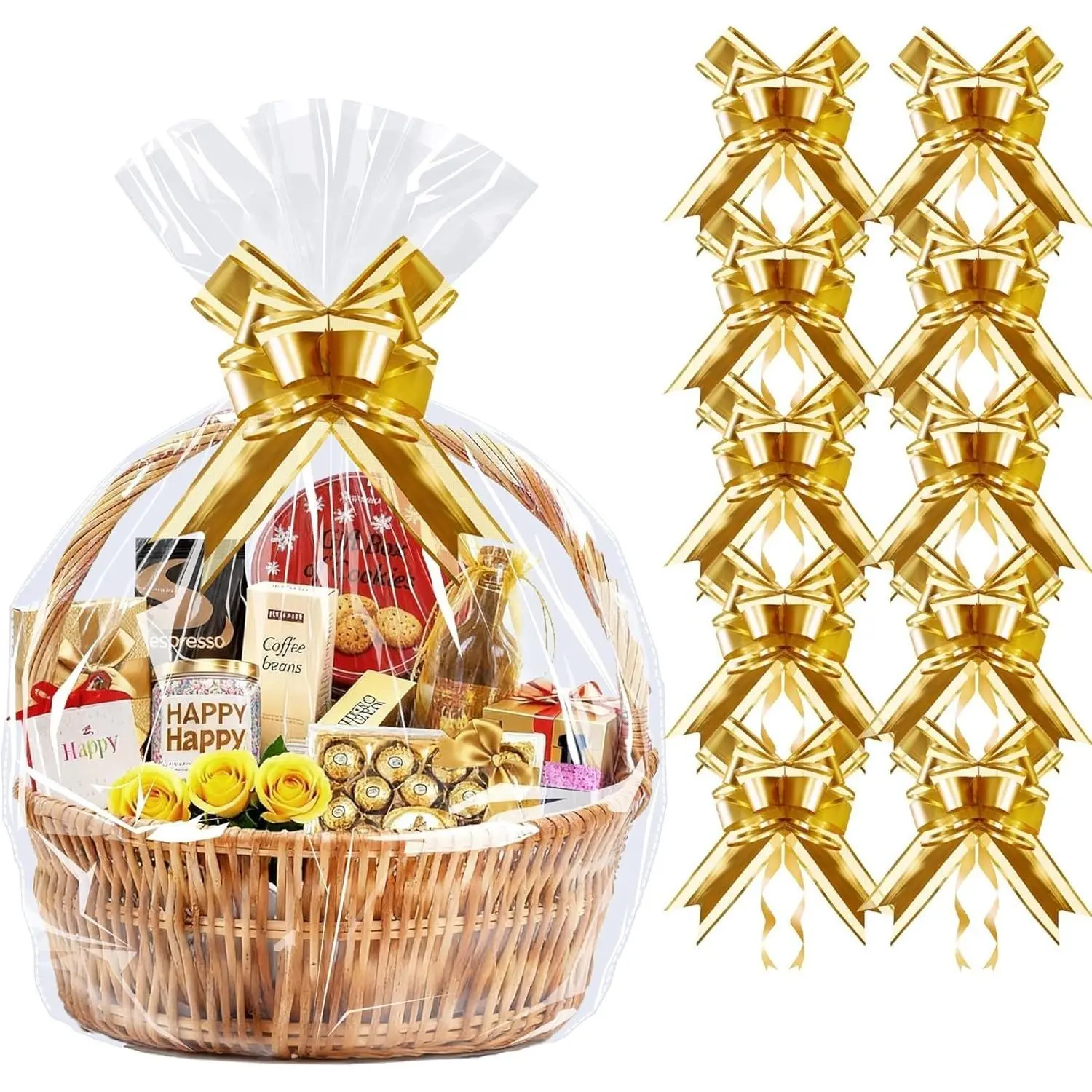 10 Pack 24x30 Inch Large Cellophane Bags for Gift Baskets, Thick Clear Plastic Basket Wrap, Includes 10 Large Gold Pull Bows