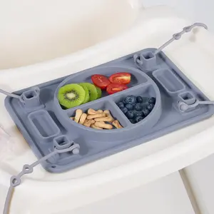 Strong Suction Baby Placemat,  Silicone Toddler Plate with 4 Toy Straps & Anti-Peel Design, Dishwasher Safe Travel-Friendly Sensory Mat  High Chair, Airplane, Baby  Weaning (Gray) New model dinnerware spoon