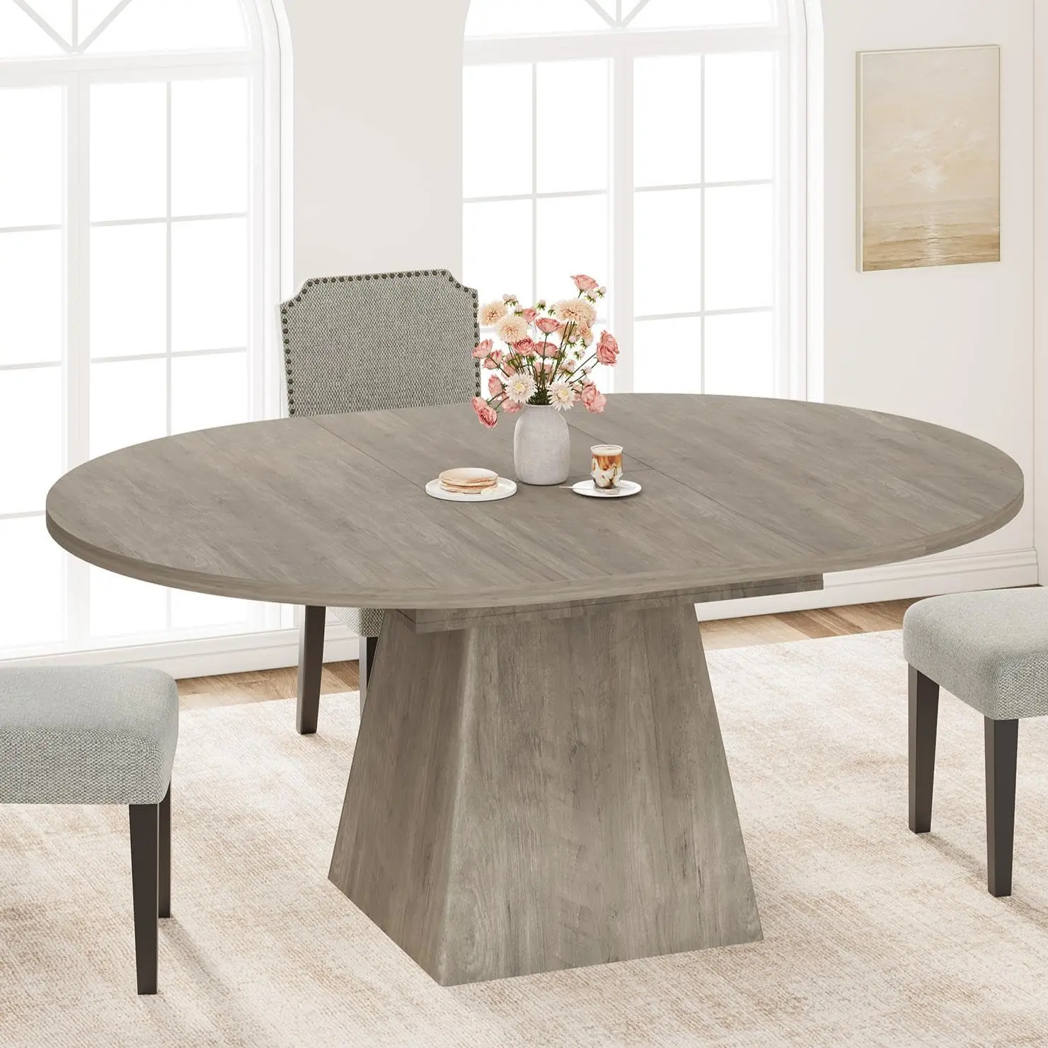 Extendable Round Dining Table, Adjustable Size 47"-63", Accommodates 4-8 People, Stylish Grey Finish, Perfect for Versatile Dining Spaces