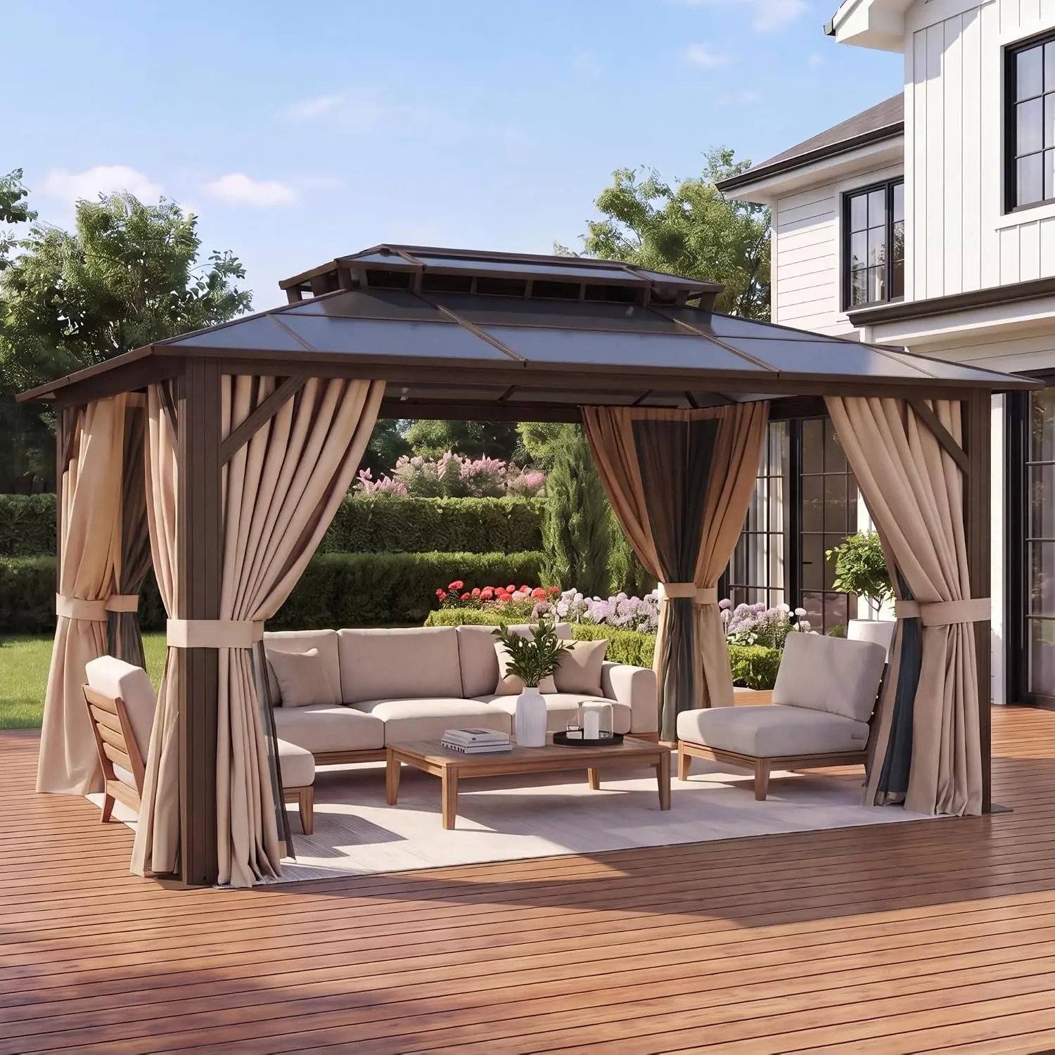 10' x 12' Brown Metal Hardtop Gazebo - Premium Polycarbonate Double Roof, Aluminum Frame, Privacy Curtains, Mosquito Netting - Weather Resistant Outdoor Canopy with Sun Protection for Patio, Backyard Parties, Family Sun Shelter