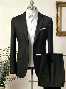 Men's Solid Suit Two-Piece Set, Slim Fit Business Formal Wear, Versatile Wedding Groomsmen Interview Suit, Trendy Office Attire