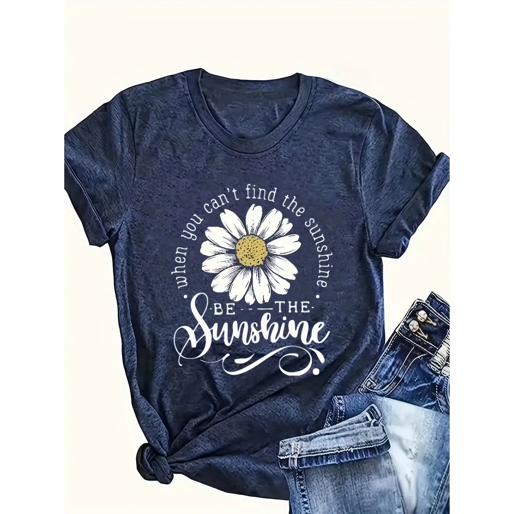 Women's 100% Cotton Casual Short-Sleeve Round Neck T-Shirt with Daisy Print - Breathable Fabric, Relaxed Fit for Spring Summer, Shirts For Women, Shortsleeve, Women's Clothing