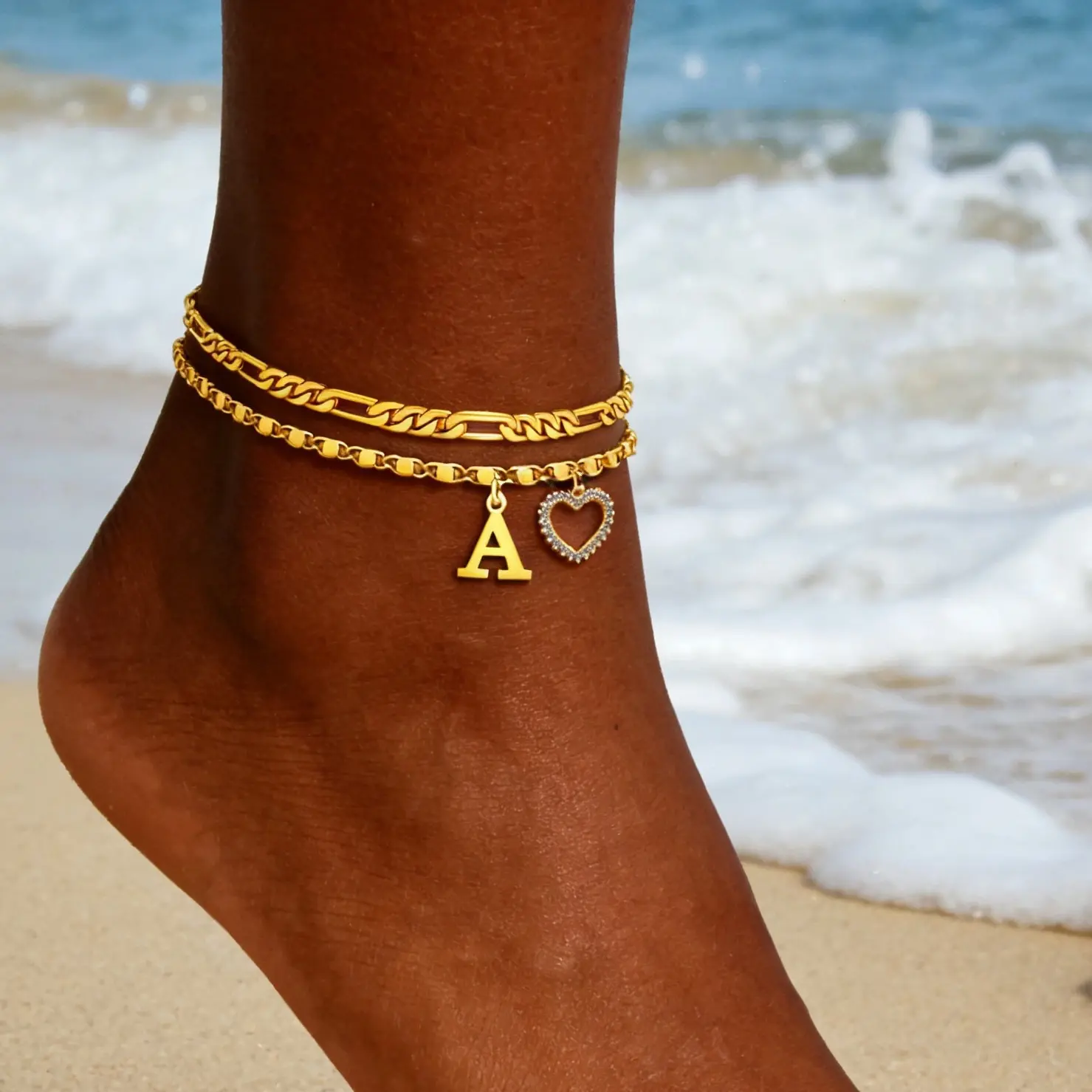 New cross-border model: 26-letter heart pendant tennis anklet, stainless steel twisted chain, women's foot accessory