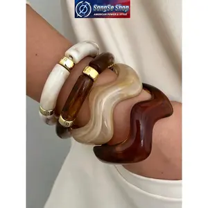 4-Piece Boho Style Wave Shape Resin Bangle Set, Elastic Stretch Stackable Bracelets for Women, Lightweight CCB Fashion Jewelry, Summer Dainty Bohemian Wrist Accessories for Daily Wear, Travel, Parties and Gift Idea