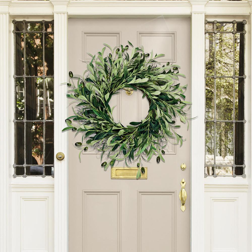 Artificial olive branch wreath with fruits and flowers - a natural-style wreath suitable for walls, doors, windows, and home decoration.