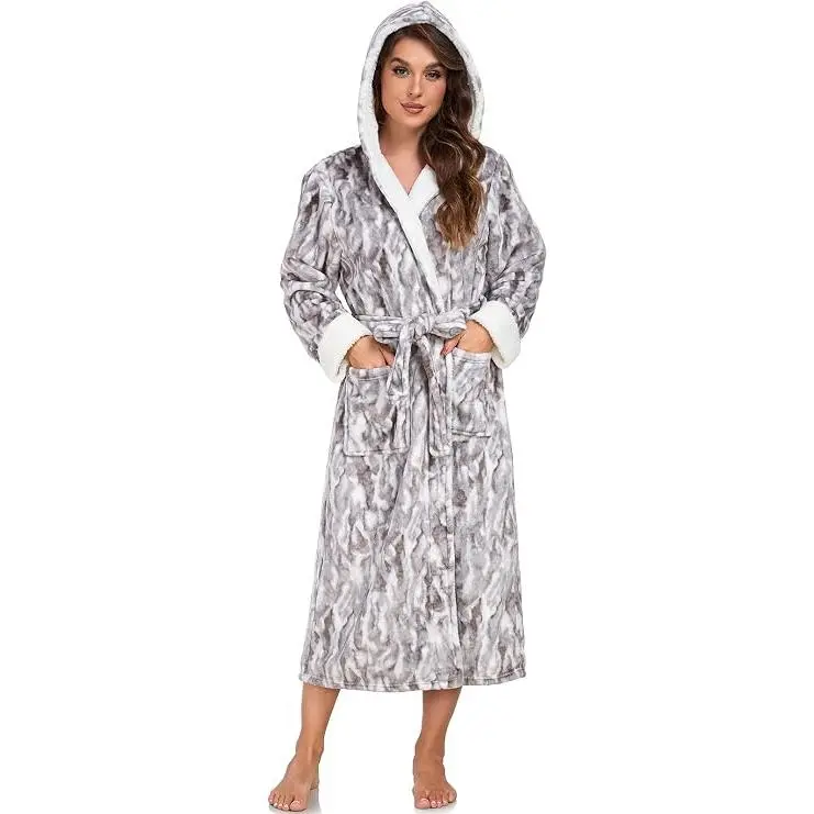 RONGTAI Womens Robes Grey Faux Rabbit Fur Print Hooded Plush Fleece Bathrobe Thick Fluffy Nightgown with White Contrast Fleece Cuffs Hood Lining Pockets and Belt Cozy Sleepwear