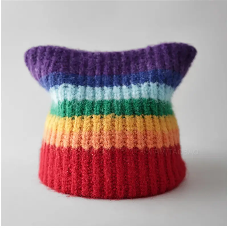 Dopamine Colorful Stripes Pullover Knitted Hat - New Style Cute Warm Ear Cover Hat Cat Ear Beanie Crochet Hat Off-season Beanies Knitted Hats