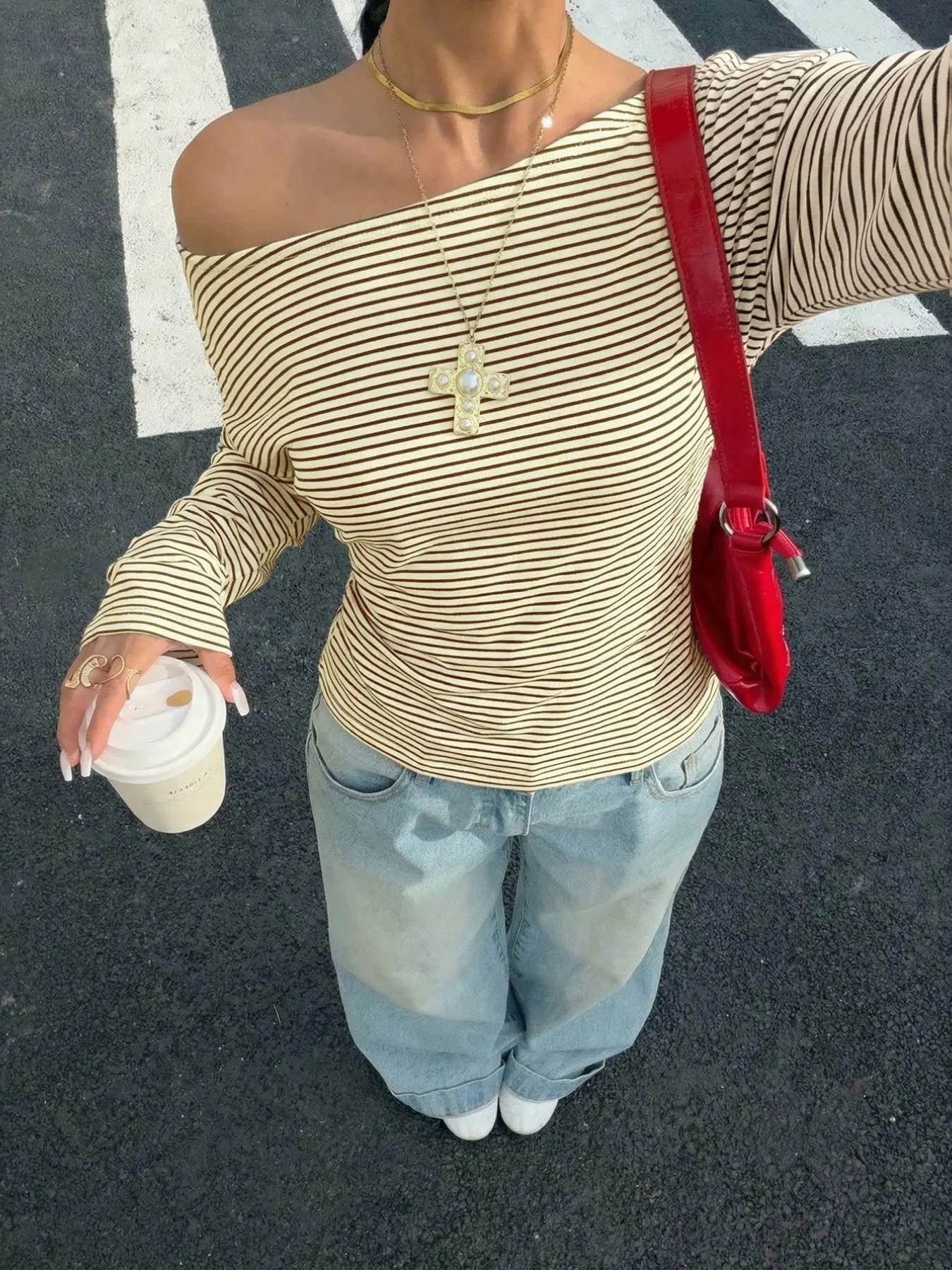 Women's Striped Long Sleeve Top, One-Shoulder Loose Fit with Side Pleats, Slimming Trendy Shirt, Perfect for Streetwear, Dates, Daily Wear