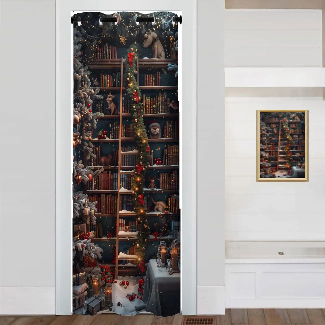 Christmas Bookshelf Door Curtain for Doorway, Fantasy Library Books Room Darkening Curtain for Darkening Door Drape for  Teens Boys Teens, 1 Panel 34" W X 80" L