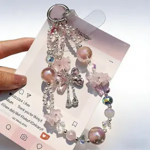 Handmade Beaded Bow Smartphone Wrist Strap - Colorful Crystal Tassel Charms, Protective Mobile Phone Leash for iPhone & Android Cellphones
