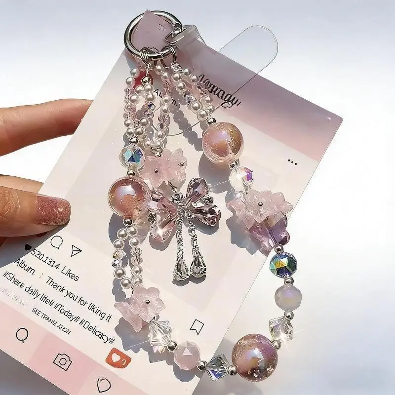 Beaded Phone Chain, Handmade Dainty Bow Charm with Crystal Tassel, Universal Wristlet Strap for Women, Phone Wristlet