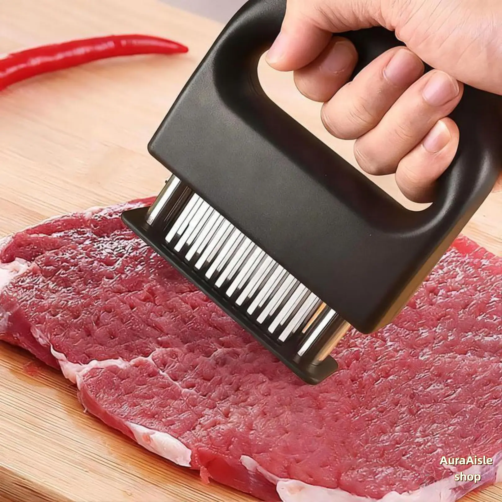 Heavy Duty Meat Tenderiser with 48 Ultra-Sharp Stainless Steel Needle Blades, Efficient Marinade Absorption Kitchen Utensil for Softening Steak, Veal, Chicken, Ideal for Cooking Enthusiasts’ Home Kitchen & Campfire-BBQ Party Prep