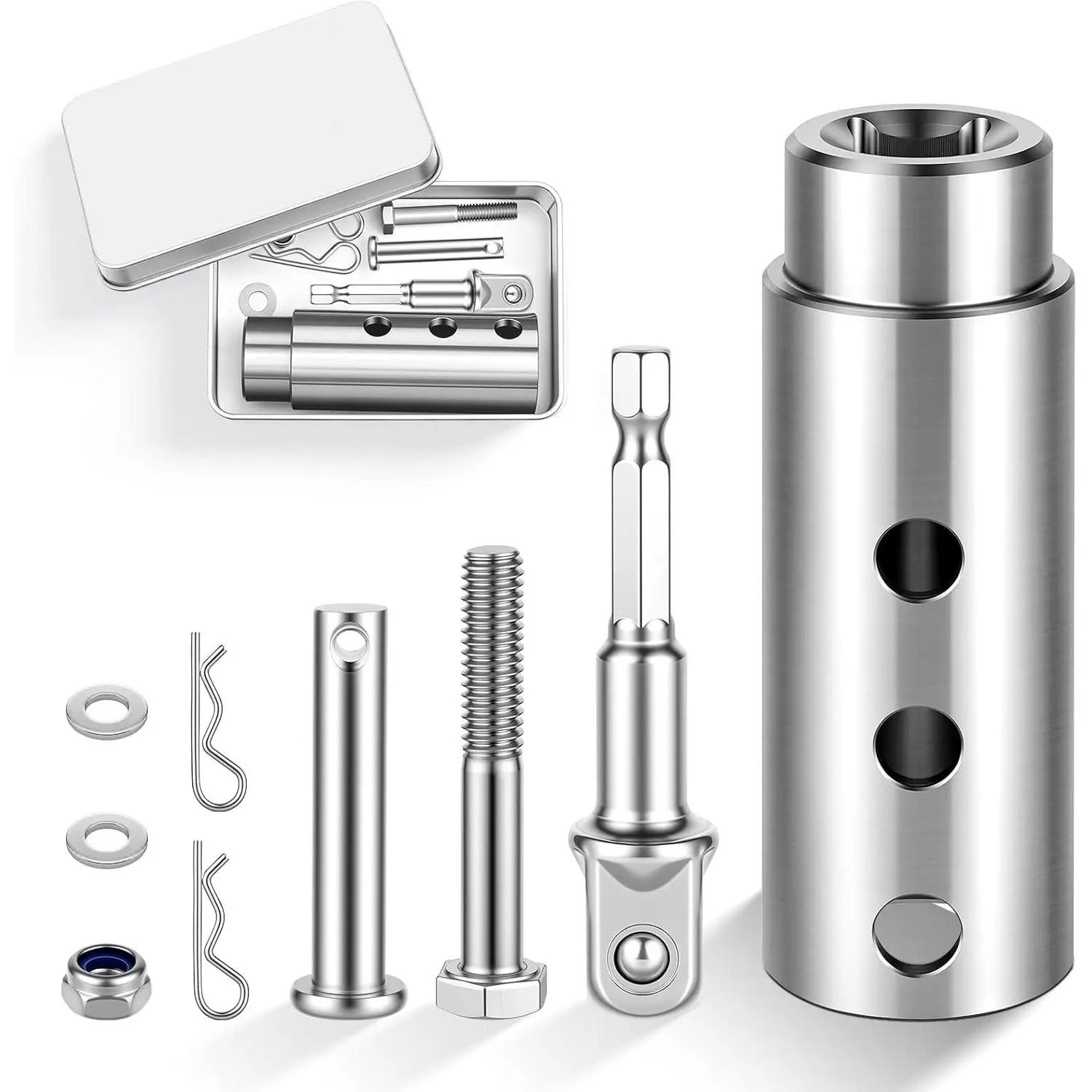 Upgraded Stainless Steel Trailer Drill Adapter - 1-In Drive Shaft Compatible, 1/2-In Socket Bit Tool, Dual Mounting Options, Heavy-Duty for Contractors, Dump Trailers, Diy Enthusiasts