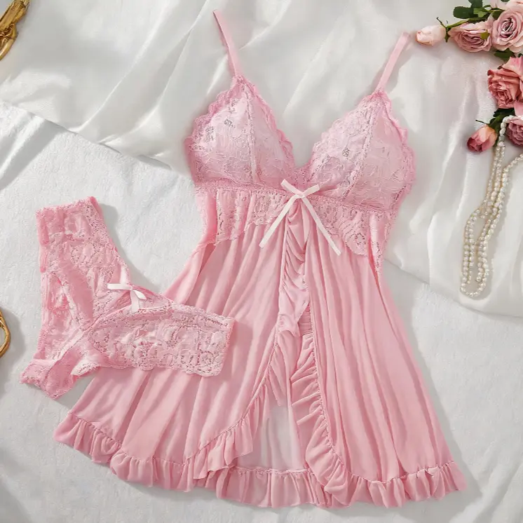 Women's 2-Piece Ultra-Thin Lace Nightgown & Thong Set - Cute, Sleeveless, Sexy, Comfortable Loungewear Sleepwear