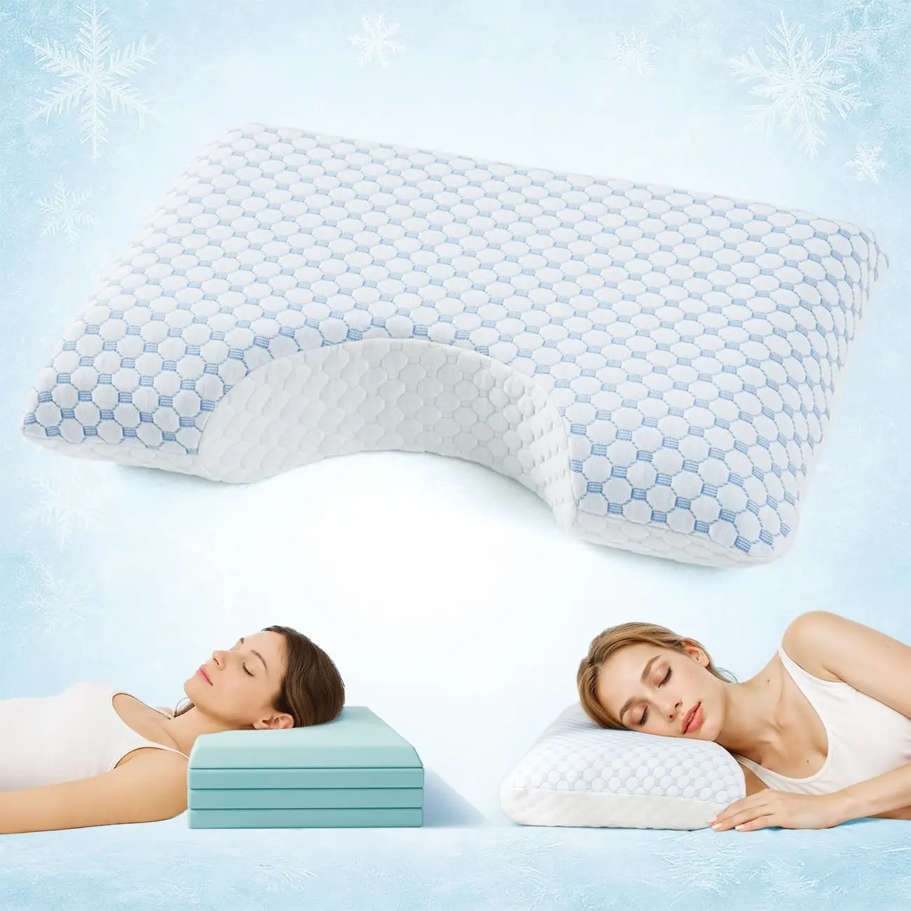 Side Sleeper Pillows for Adults-Adjustable 4 Layer Curved Pillow | Crescent Pillow for Side Sleeper with  Support, Cooling Cover, 4 Memory  Adjustable Height/ Firmness