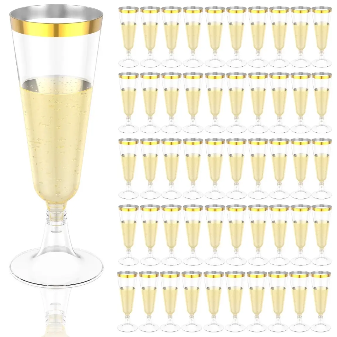 50Pcs 5oz Gold Rim Assembled Clear Food Grade Plastic Champagne Flutes, Disposable Mimosa Cocktail Goblets, Bulk Toasting Glasses, Disposable Party Cups, Party Supplies Perfect for Engagement, Wedding, Birthday, Christmas & New Year’s Eve Parties