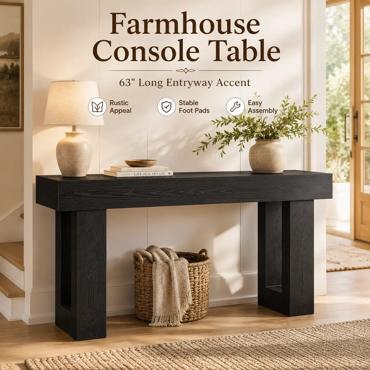 Farmhouse-style entryway console table, 63-inch solid wood sofa back table, suitable for entrance doors, hallways and living rooms, black version