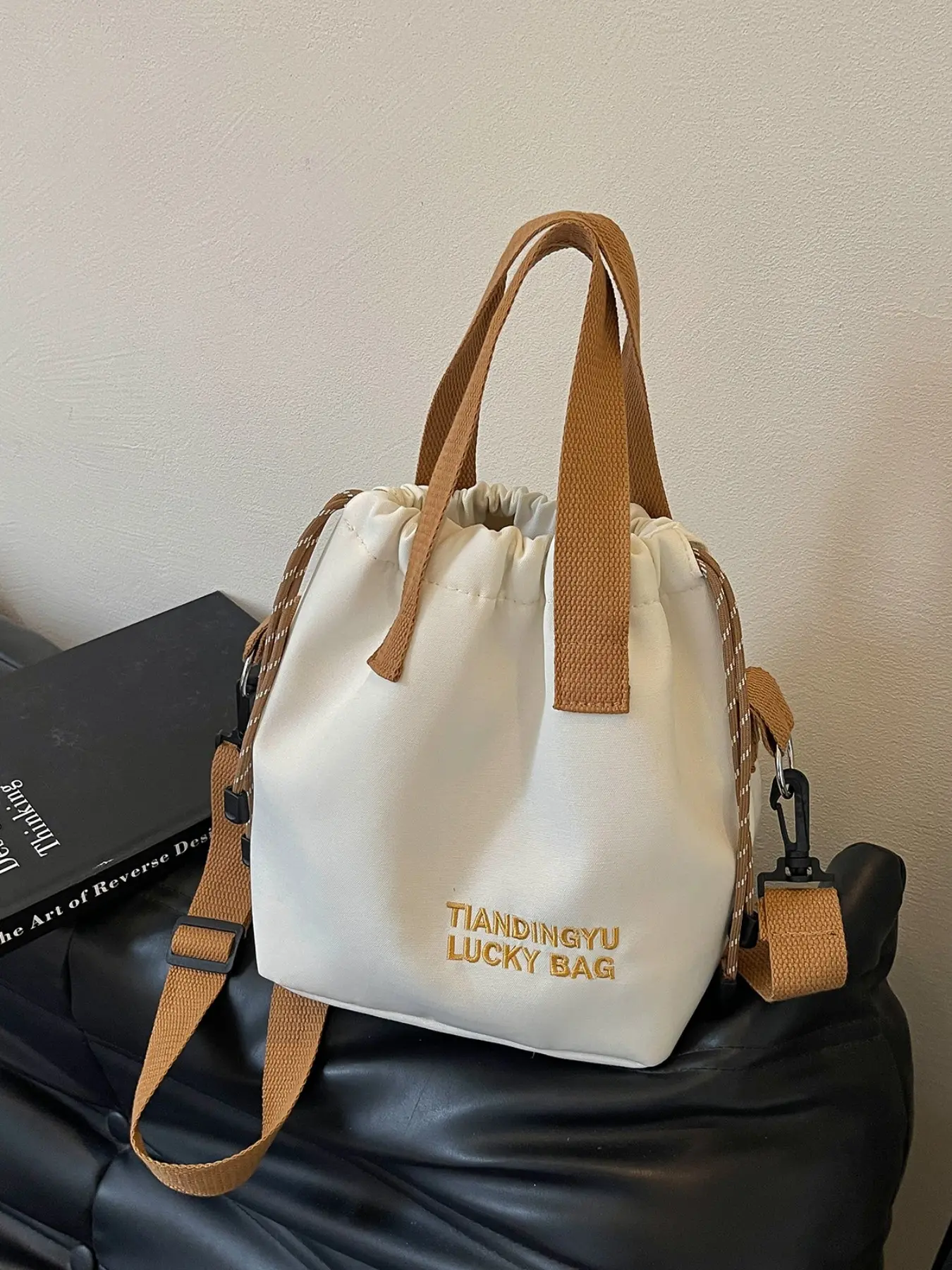 Drawstring Tote Bag, Large Capacity Versatile Commuter, Shoulder & Crossbody, Original Letter Embroidery, American Casual Style, Daily Use Essential