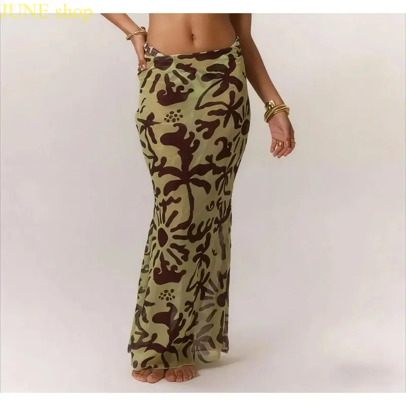 Women's Sheer Lightweight Long Sarong Cover Up, Bohemian Palm Tree Print Chiffon Beach Skirt for Holiday Travel & Poolside