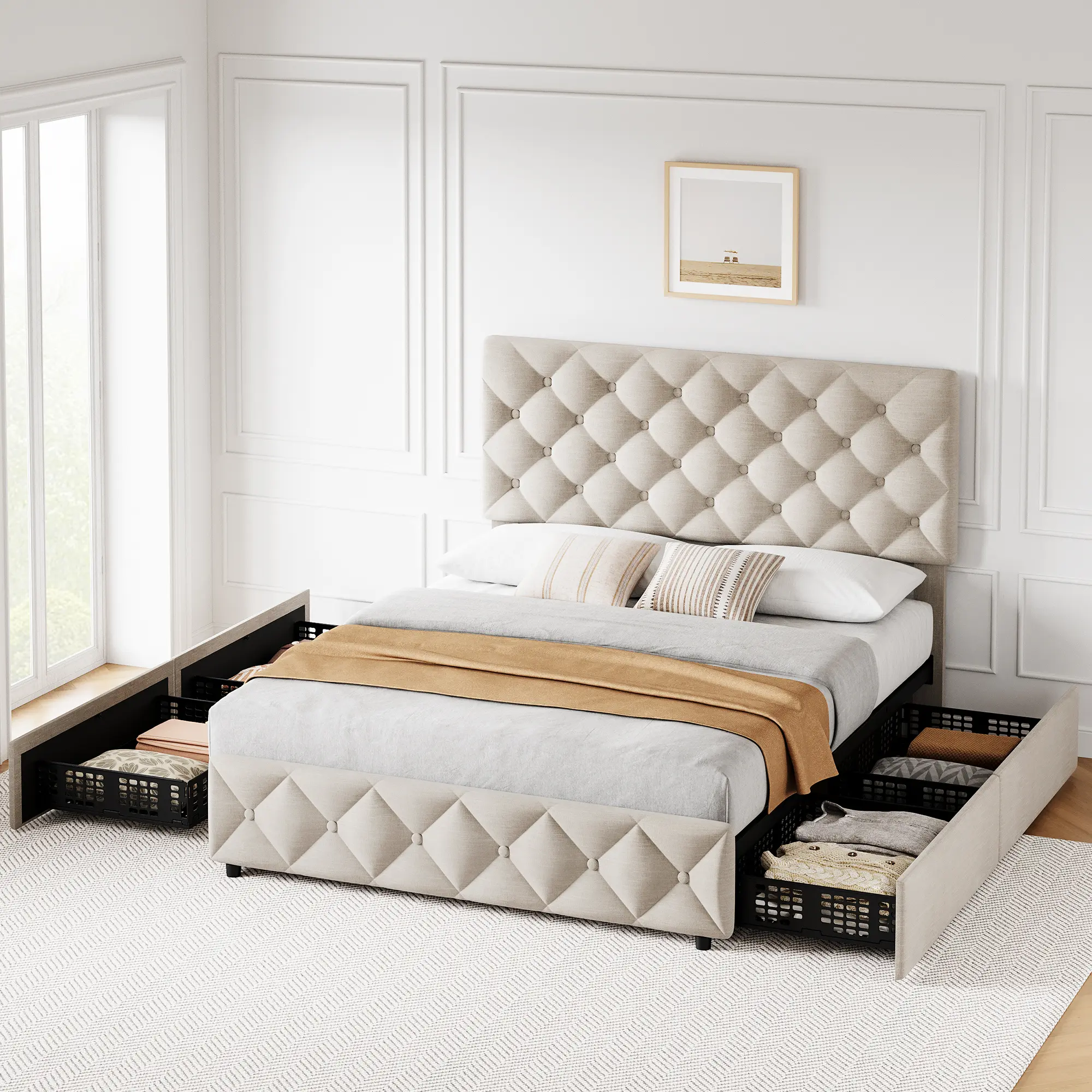 Bed Frame with Headboard Adjustable, Linen Upholstered Size Platform Bed Frame with 4 Drawers, Modern Queen Bedframe, Wooden Slats Supports, No Box Spring Needed, Diamond Stitched Button