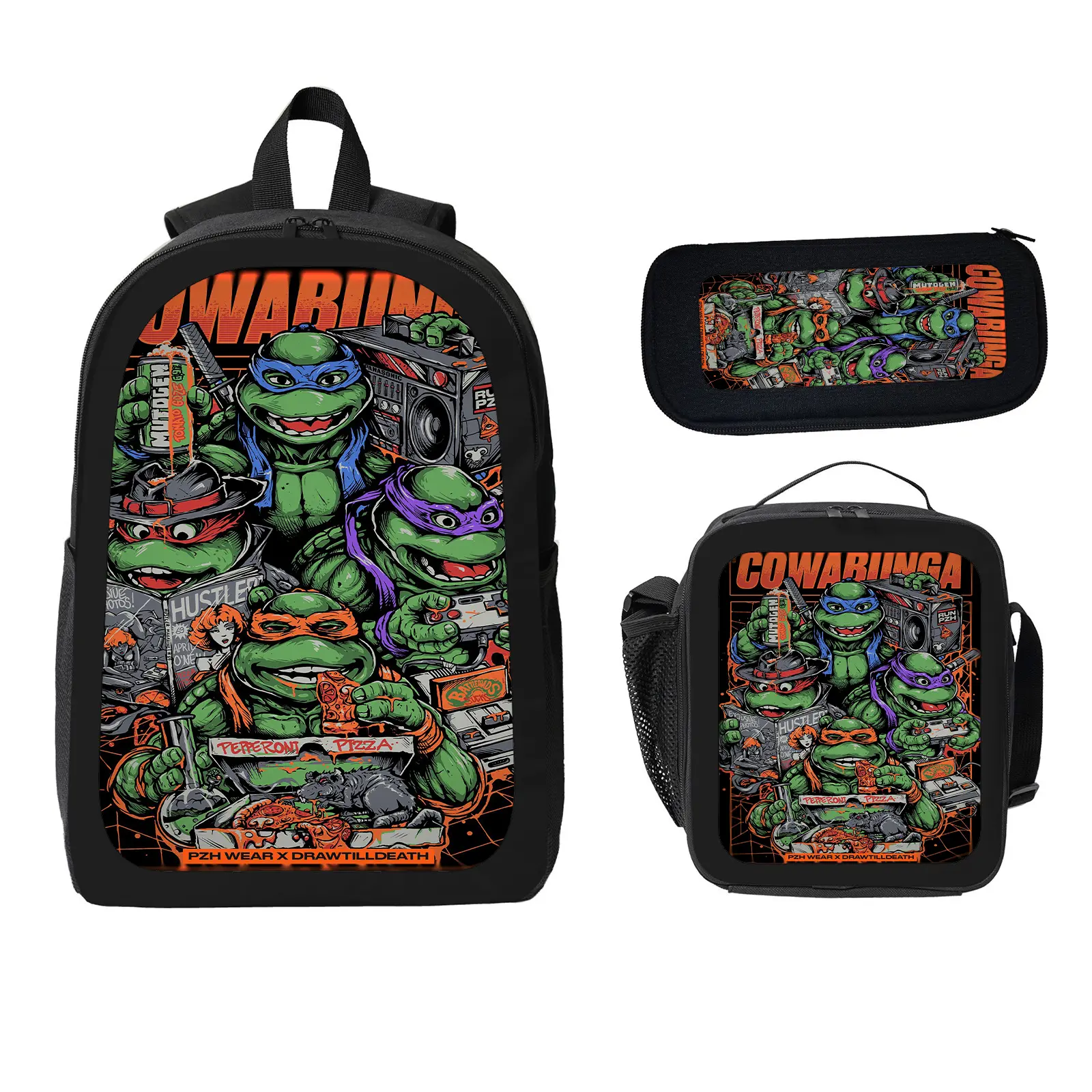 ninja turtle 3 Pcs School Backpack Set for Boys Girls Kids, Large Capacity Bookbag with Insulated Lunch Bag Pencil Case, Water Resistant Travel Daypack for Elementary Middle School f-53