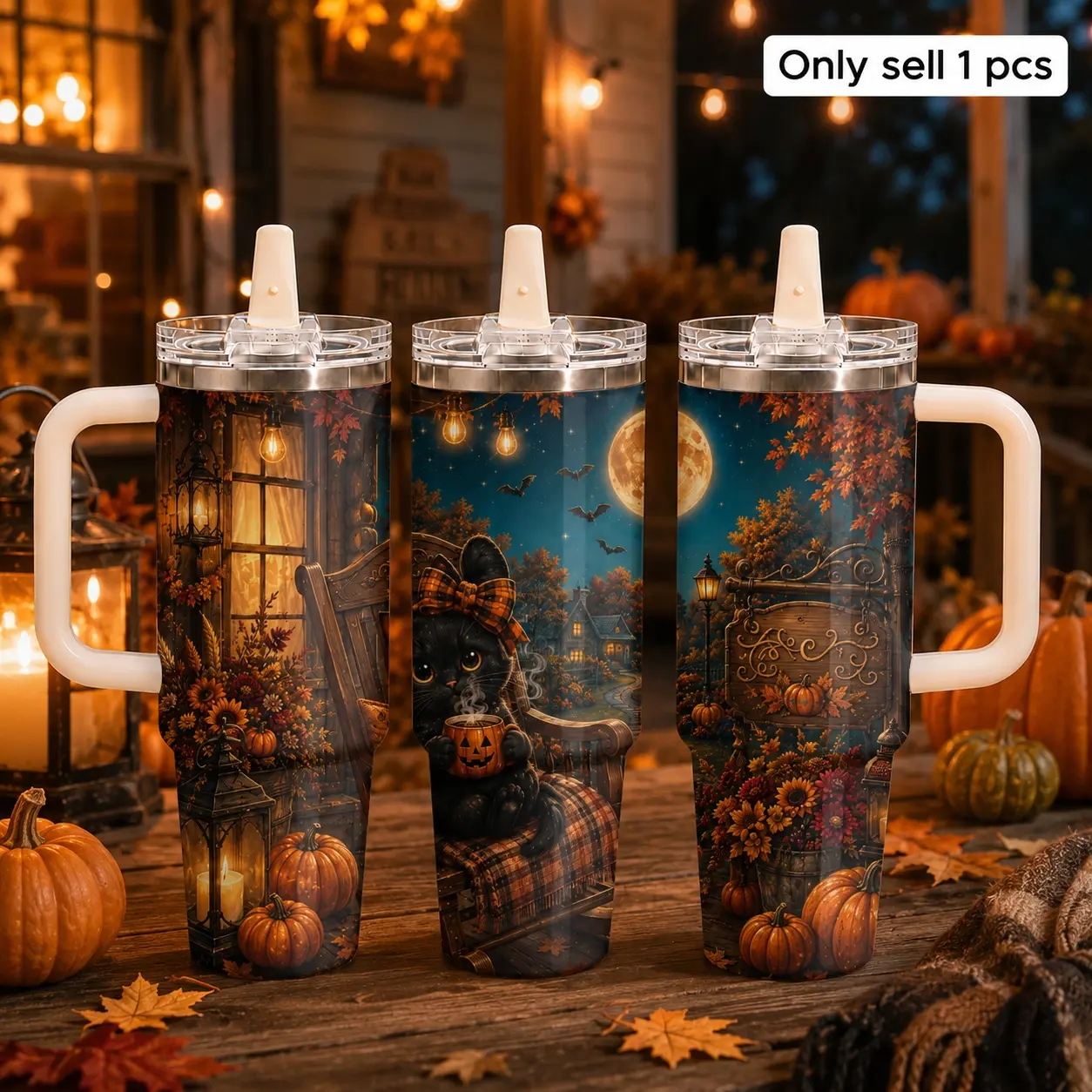 Cute Halloween Ghost Tumbler 40oz with Handle & Straw, Witchcore Magical Ghost Pumpkin Design Vacuum Insulated Stainless Steel Travel Mug, Leakproof Cup Fits Car Cup Holder, Fall Gift