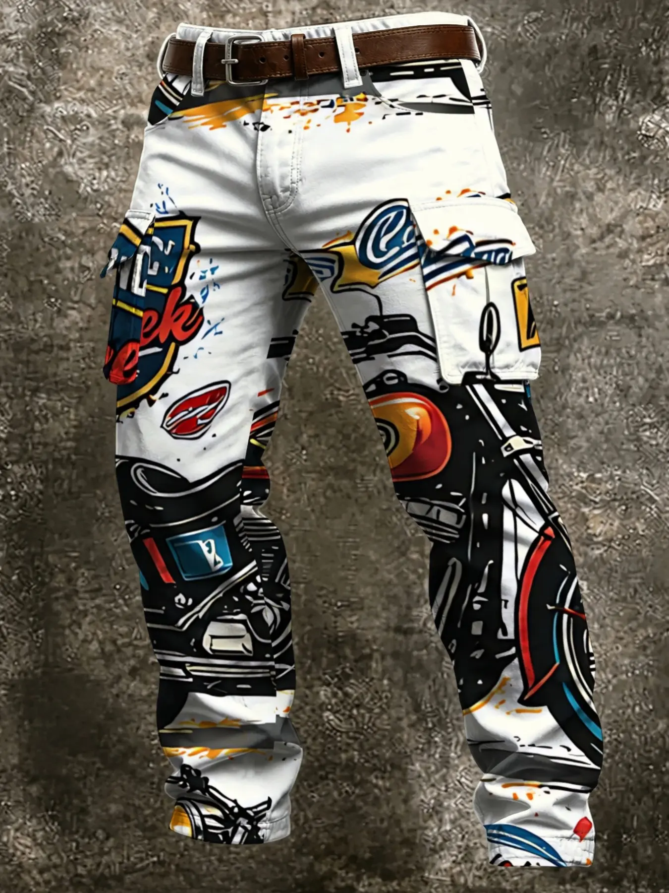 Men's trendy and cool motorcycle graffiti print cargo pants, multi-pocket design with drawstring cuffs, street hip-hop style, suitable for everyday wear, outings, and vacations.
