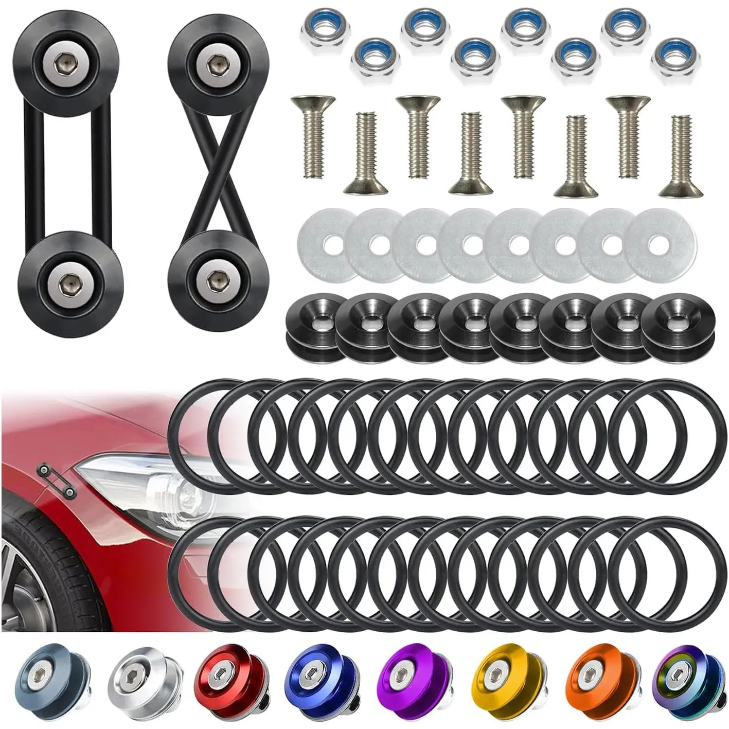 Universal Bumper Clips, Front Rear Bumper Quick Release Kit, Bumper Holders for Cars (8 Black Bumper Quick Release Tabs and 24 Customized O-Rings)