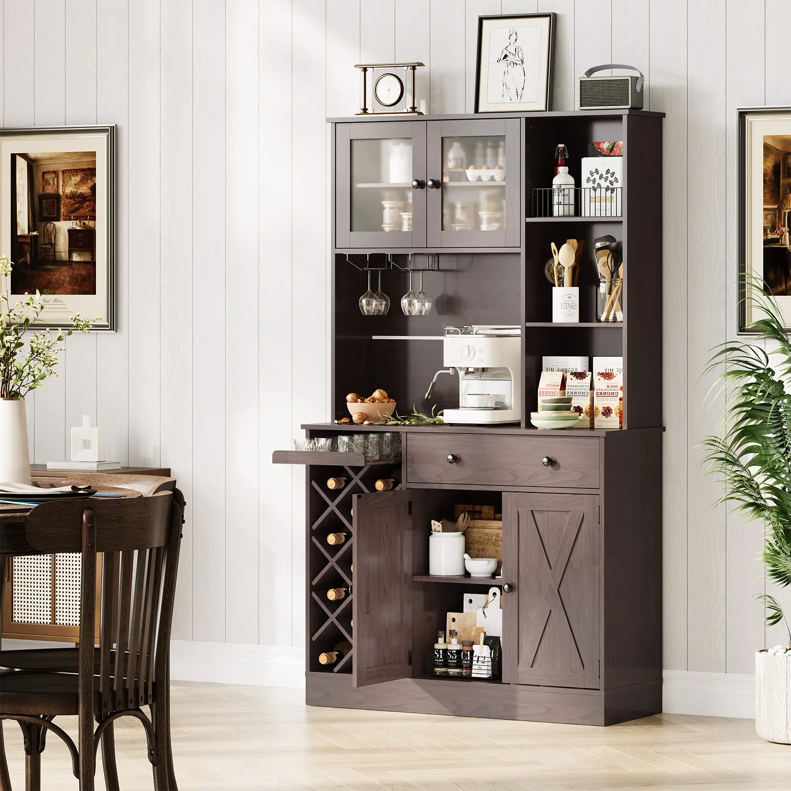 Garvee Tall Wine & Coffee Bar Cabinet with Built-in Power Outlets – Features Barn Doors, Acrylic Double Doors, Wine Bottle Rack, Glass Holder, Adjustable Shelves, Storage Hutch – Modern Sideboard Buffet for Kitchen, Dining, or Home Bar