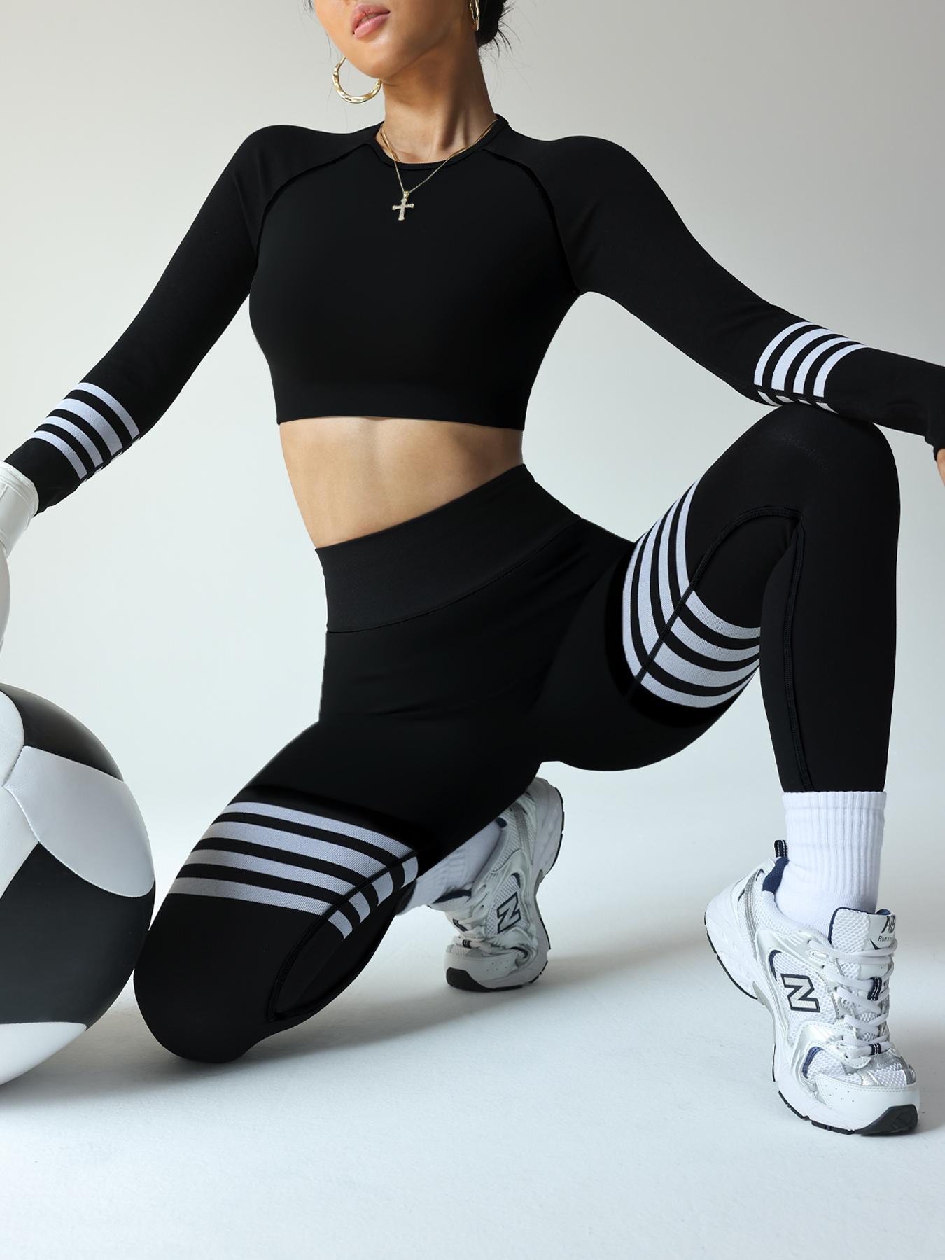 Sporty Women's Striped Print Sports Top & High Waist Leggings Tracksuit Set, Athletic Fashion Activewear, Sport Comfy Breathable Outfits for Yoga Gym Workout Running, Ladies Sportswear for All Seasons