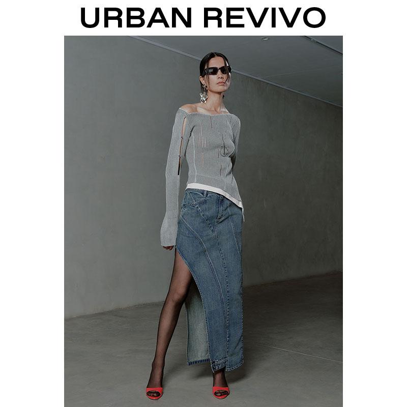 URBAN REVIVO Women's Deconstructed Denim Half Skirt  UWA840021 Casual Outfit 2025 Women Clothing Girl Elegant Fashion Trendy and Versatile OOTD