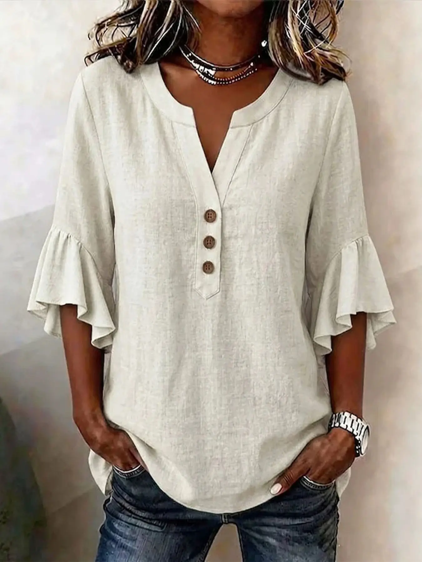 Women's V-Neck Solid Color Button Front Casual Loose Ruffle Sleeve T-Shirt, Fashionable Leisure Top, Stylish and Comfortable, Ruffled