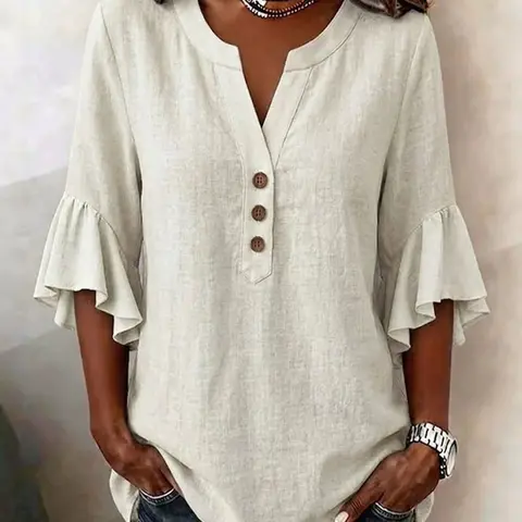 Women's V-Neck Solid Color Button Front Casual Loose Baggy Ruffle Sleeve T-Shirt, Fashionable Leisure Top, Stylish and Comfortable, Ruffled