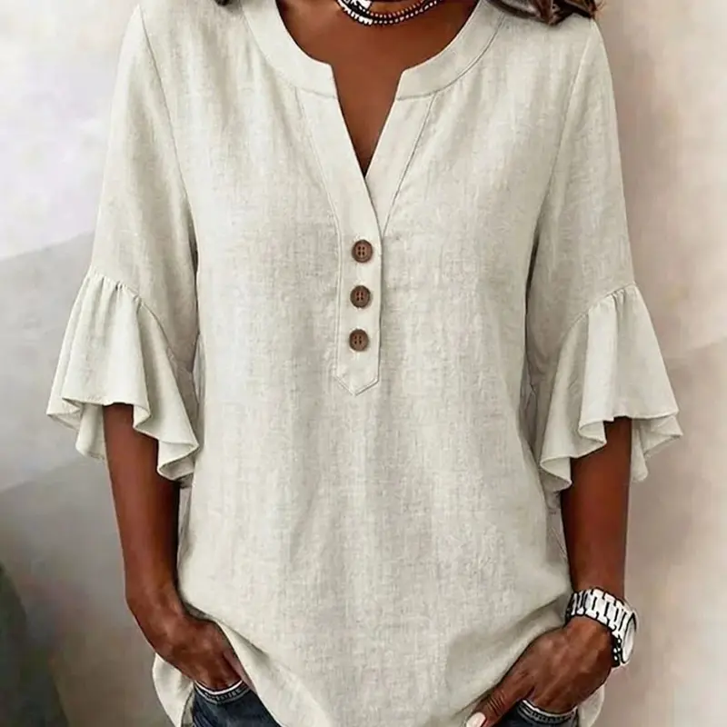 Women's V-Neck Solid Color Button Front Casual Loose Baggy Ruffle Sleeve T-Shirt, Fashionable Leisure Top, Stylish and Comfortable, Ruffled