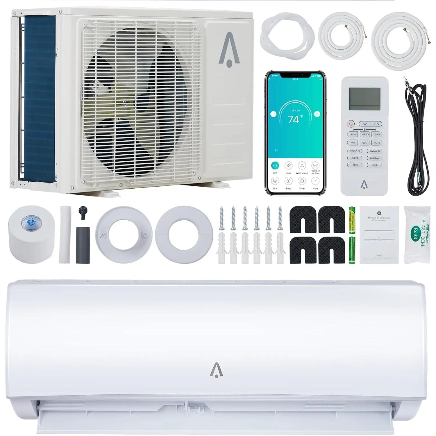 9000 BTU Mini Split AC/Heat Pump Mini Splits - WiFi Enabled, 19 SEER2, 115V, Cools 450 Sq.Ft, Alexa Compatible, Remote Control Included, Self-Cleaning, Installation Kit Included