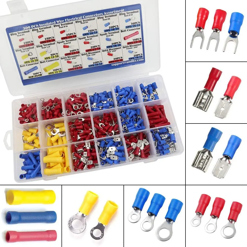300 count Insulated Wire Electrical Connectors - , Ring, Spade, Quick Disconnect - Crimp Terminals Connectors  Kit