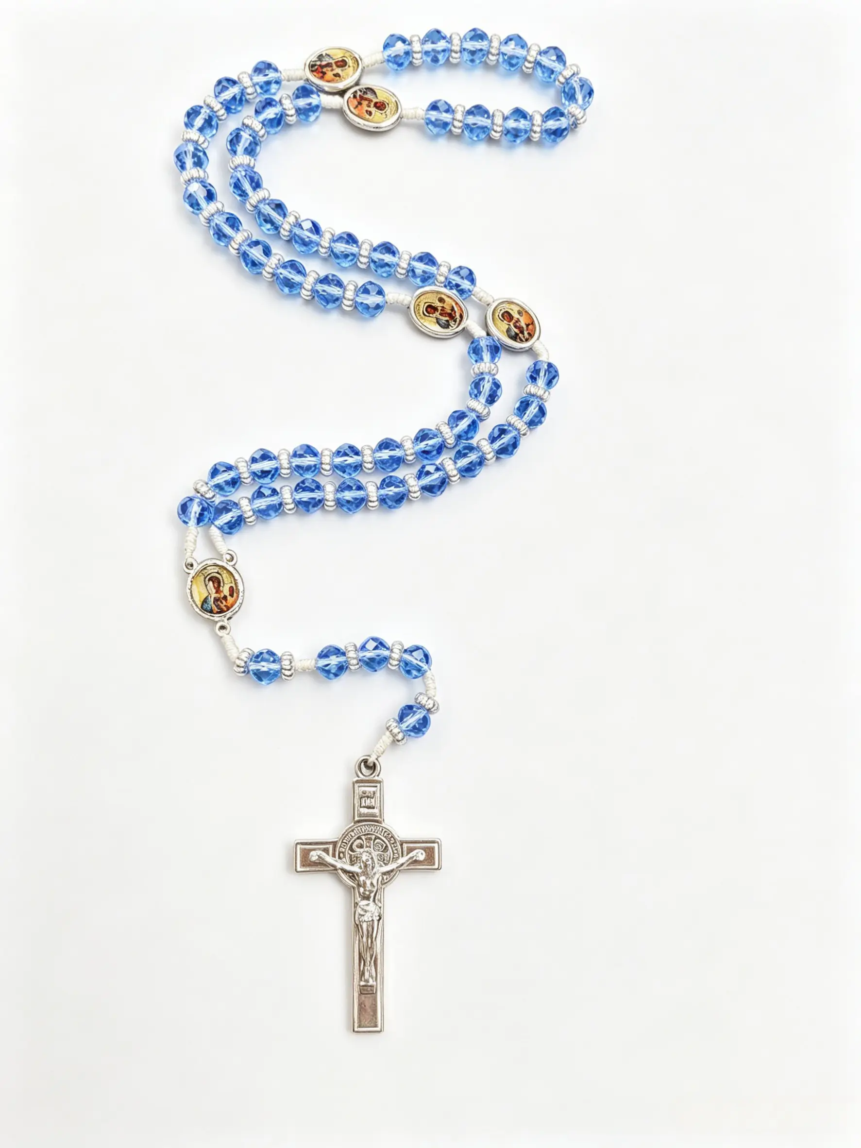 Transparent Blue Crystal Glass Beads St. Benedict Cross Rosary Necklace Pendant Jewelry, Catholic Religious Prayer Jewelry, Portable Prayer Chain